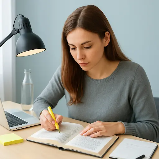 Studentessa che analizza un testo con evidenziatore e appunti