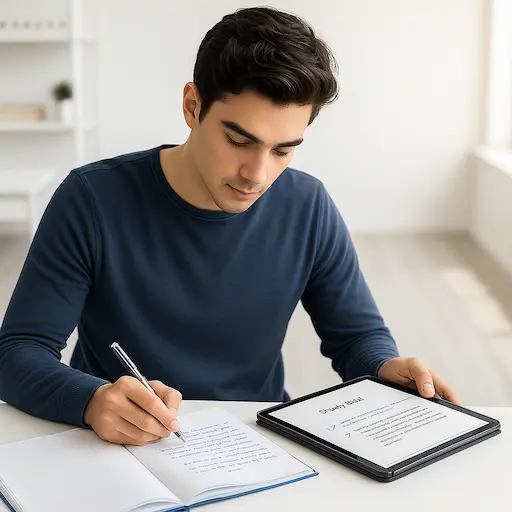 Studente che prende appunti in un quaderno e su un tablet, mostrando organizzazione e chiarezza