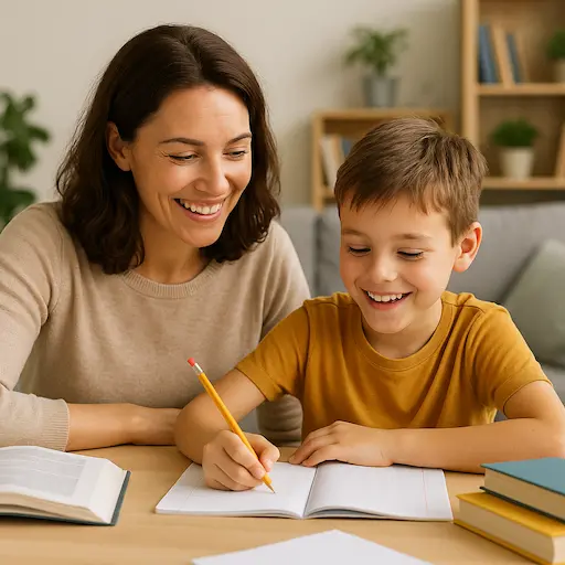 Genitore e figlio che studiano insieme al tavolo sorridendo mentre fanno i compiti