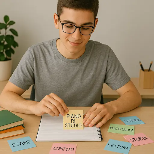 Studente che organizza il suo piano di studio con post-it e quaderni