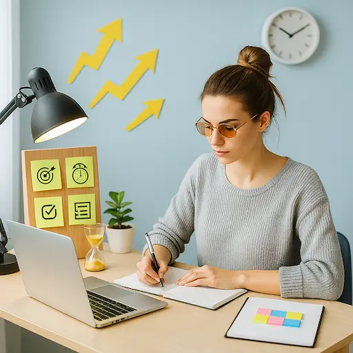 Studentessa che supera la procrastinazione e si concentra sullo studio, con simboli di produttività