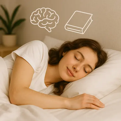 Ragazza che dorme serenamente nel suo letto, con simboli di cervello riposato e libro