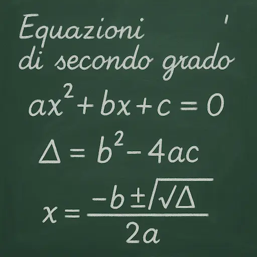 Lavagna con formule di equazioni di secondo grado scritte in gesso