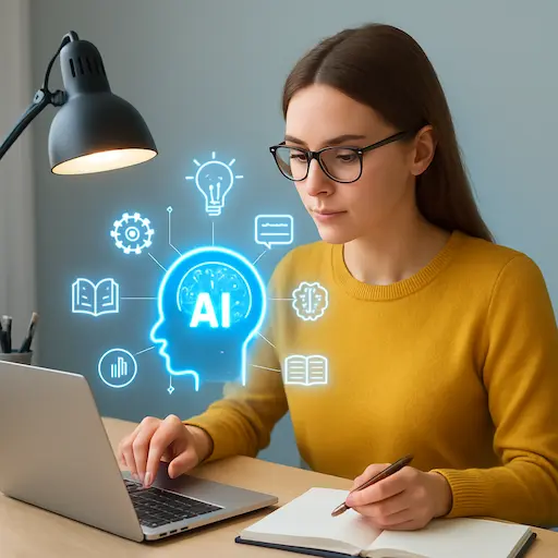 Studentessa che usa l'Intelligenza Artificiale per studiare, con simboli di tecnologia e apprendimento