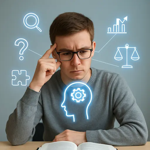 Studente con simboli di pensiero logico e analisi, che rappresenta lo sviluppo del pensiero critico