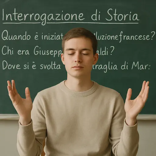 Studente calmo che gestisce lo stress da interrogazione con tecniche di rilassamento e respirazione