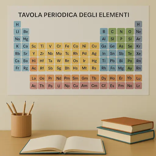 Tavola Periodica degli elementi con simboli e colori, in un contesto di studio semplificato